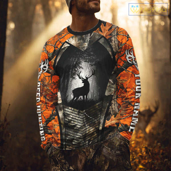 Personalized Orange Camo Whitetail Deer Hunting Shirt With 3D Print For Deer Hunters NBT287