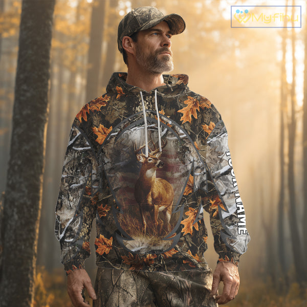 Deer Hunting Camo Hoodie American Flag Long Sleeve 3D Shirt Men Camo Hoodie NBT293