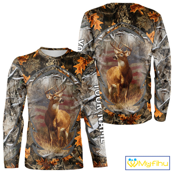 Deer Hunting Camo Hoodie American Flag Long Sleeve 3D Shirt Men Camo Hoodie NBT293