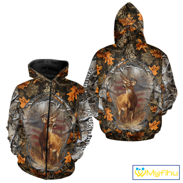 Deer Hunting Camo Hoodie American Flag Long Sleeve 3D Shirt Men Camo Hoodie NBT293