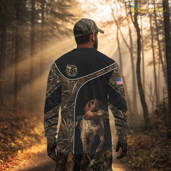 Duck Hunting with German Wirehaired Pointer Dog Camo Custom Name Shirts, Duck Hunting Shirts for Hunter NBT157