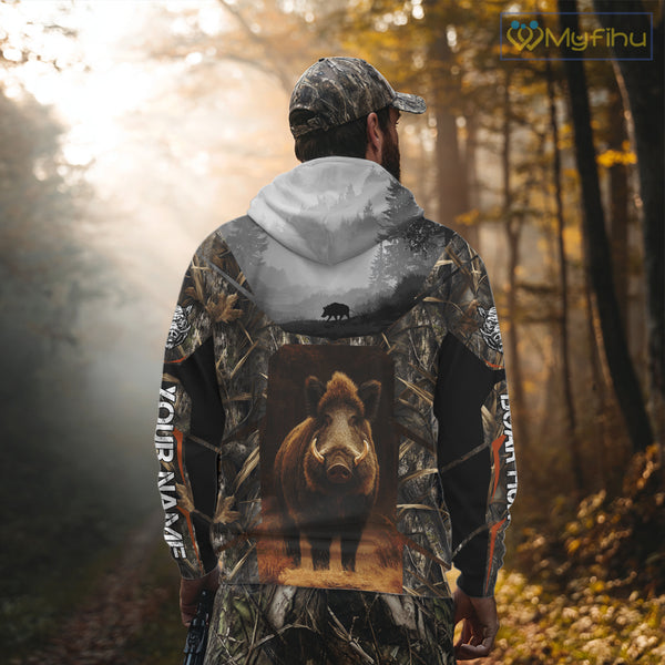 Boar Hunting Shirt Brown Camouflage Hoodie, Long Sleeve Custom Name For Men NBT247
