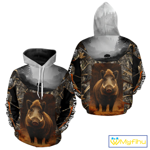 Boar Hunting Shirt Brown Camouflage Hoodie, Long Sleeve Custom Name For Men NBT247