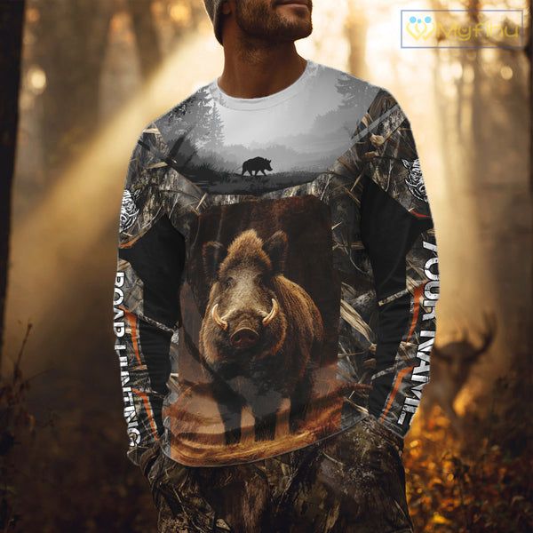 Boar Hunting Shirt Brown Camouflage Hoodie, Long Sleeve Custom Name For Men NBT247
