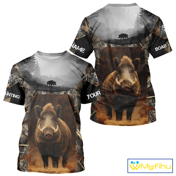 Boar Hunting Shirt Brown Camouflage Hoodie, Long Sleeve Custom Name For Men NBT247