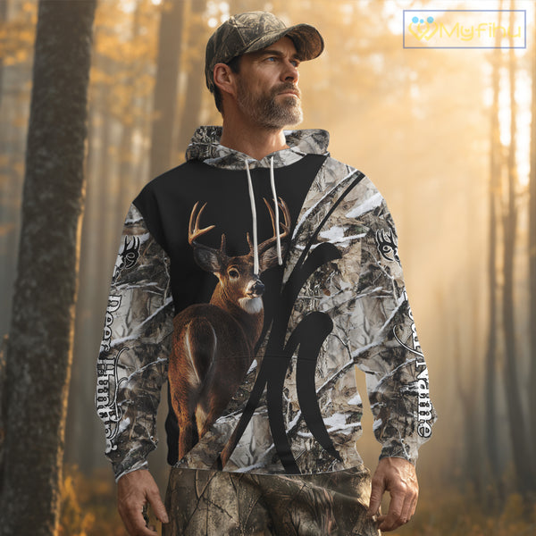 Personalized Whitetail Deer Hunting 3D All Over Printed Hoodie Winter Camo Long Sleeve for Men, Women NBT296