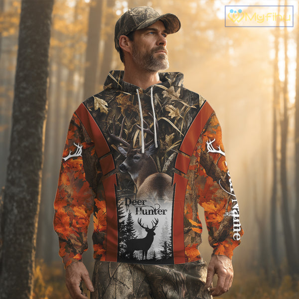 Customized Name Whitetail Deer Hunting Orange Camo Hoodie 3D Shirt, Gift for Hunters NBT297