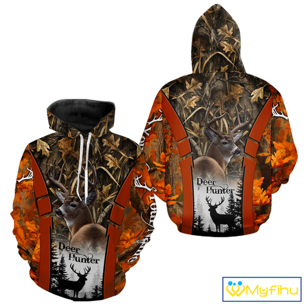 Customized Name Whitetail Deer Hunting Orange Camo Hoodie 3D Shirt, Gift for Hunters NBT297