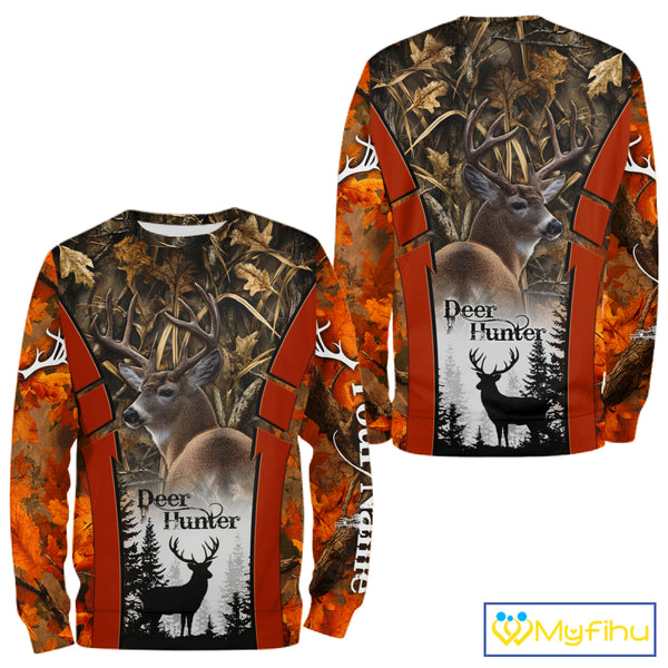 Customized Name Whitetail Deer Hunting Orange Camo Hoodie 3D Shirt, Gift for Hunters NBT297