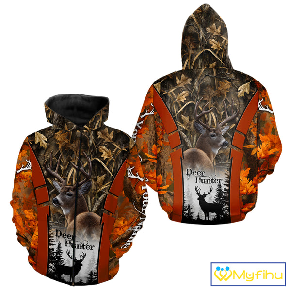 Customized Name Whitetail Deer Hunting Orange Camo Hoodie 3D Shirt, Gift for Hunters NBT297
