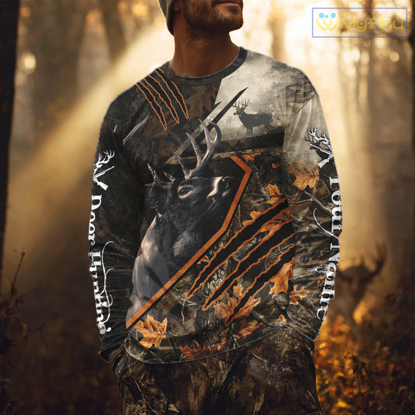 Whitetail Deer Hunting Clothes Custom Name Hoodie Autumn Leaves Camo Hunting Long Sleeve Shirt NBT298