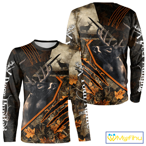 Whitetail Deer Hunting Clothes Custom Name Hoodie Autumn Leaves Camo Hunting Long Sleeve Shirt NBT298