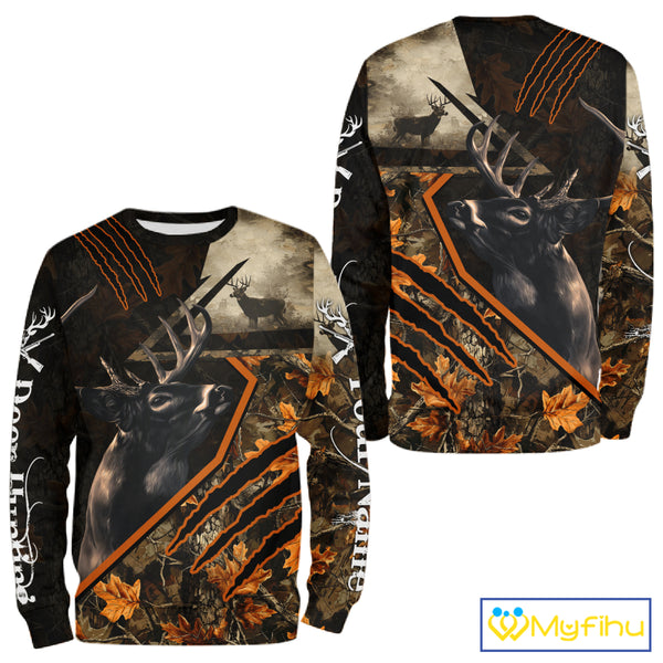 Whitetail Deer Hunting Clothes Custom Name Hoodie Autumn Leaves Camo Hunting Long Sleeve Shirt NBT298