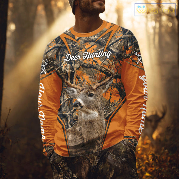 Whitetail Deer Hunting 3D Full Orange Camo Shirt Custom Name Best Gift for Hunters NBT249