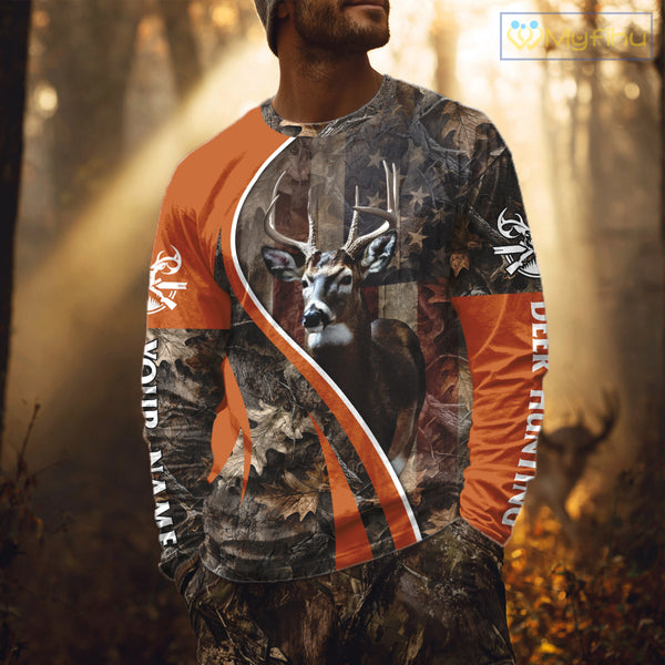 Custom Whitetail Deer Hunting Shirt 3D All Over Print with Orange Camo US Flag Hunting Gifts NBT253
