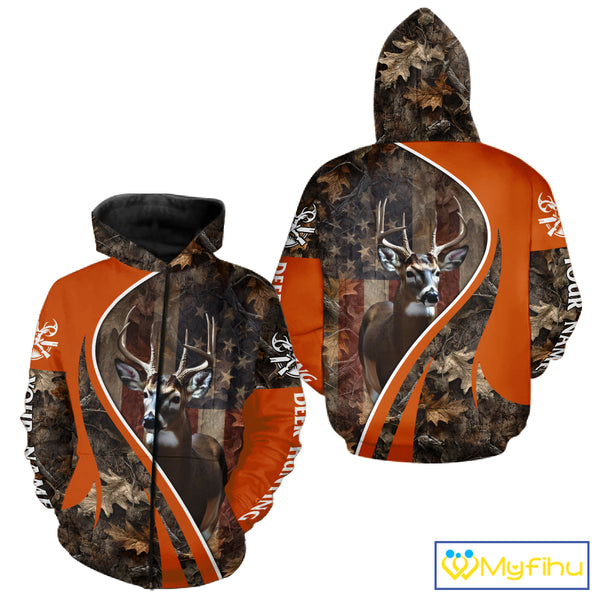Custom Whitetail Deer Hunting Shirt 3D All Over Print with Orange Camo US Flag Hunting Gifts NBT253