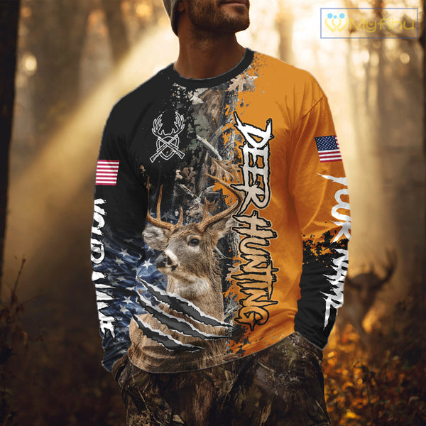 Whitetail Deer Hunting Orange Forest Camo US Flag Shirts, Personalized Hunting Shirt NBT258