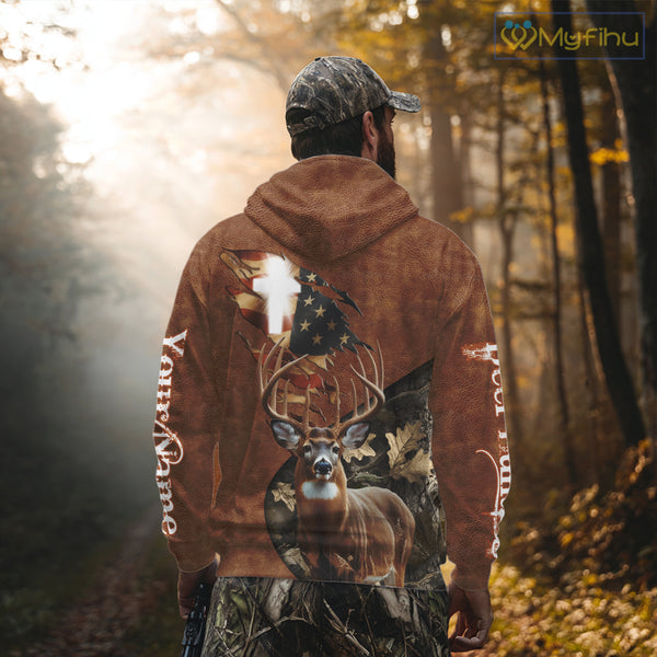 Whitetail Deer Hunting Leather Pattern US Flag Camouflage Custom Name 3D Shirts for Men NBT262