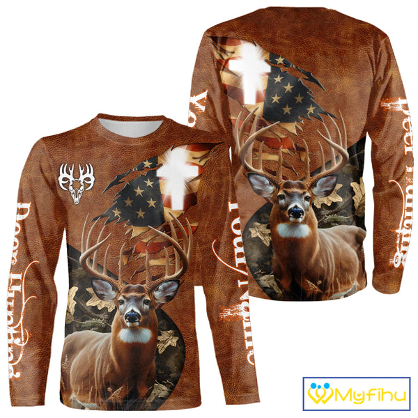 Whitetail Deer Hunting Leather Pattern US Flag Camouflage Custom Name 3D Shirts for Men NBT262