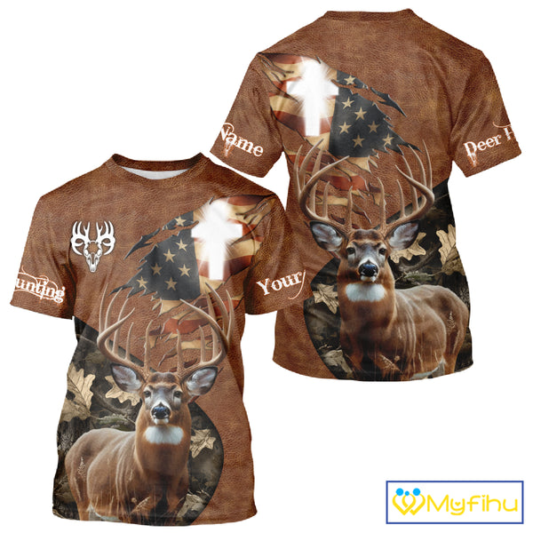 Whitetail Deer Hunting Leather Pattern US Flag Camouflage Custom Name 3D Shirts for Men NBT262