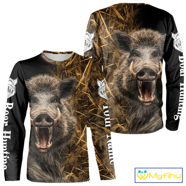 Custom Boar Hunting Brown Camo Shirts for Men, Hunting Gifts, Camouflage Boar Hunting Shirt NBT267