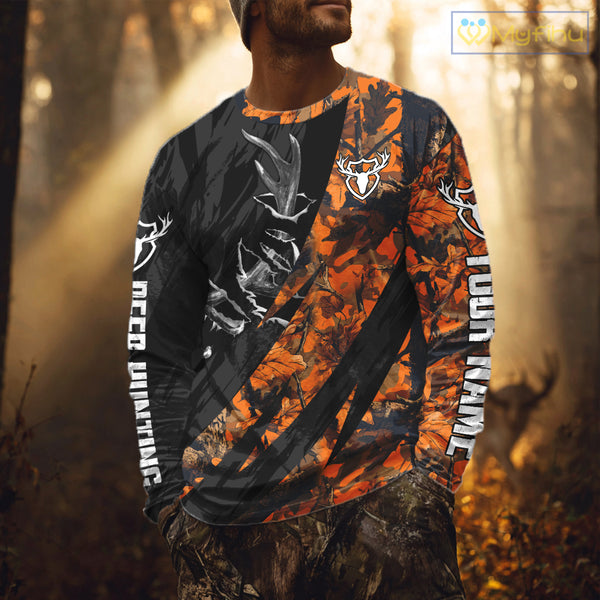Personalized Deer Hunting Shirt with Antler 3D All Over Print Orange Camo Hunting Clothes NBT271