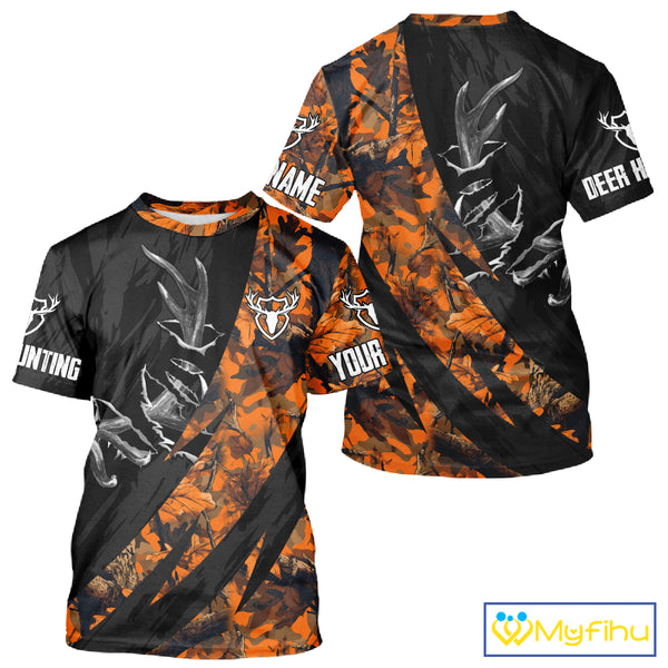 Personalized Deer Hunting Shirt with Antler 3D All Over Print Orange Camo Hunting Clothes NBT271