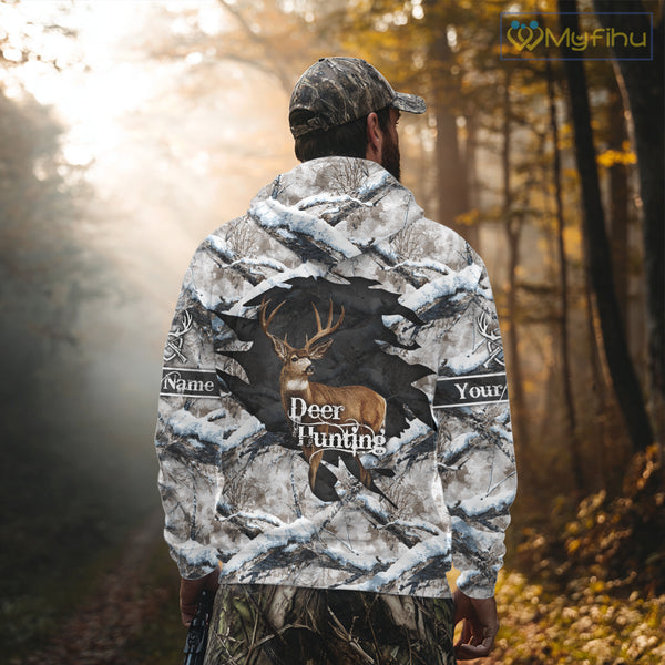 Whitetail Deer Hunting Shirts Custom Name Snow Camo, Deer Season Hunting Clothes For Men NBT273