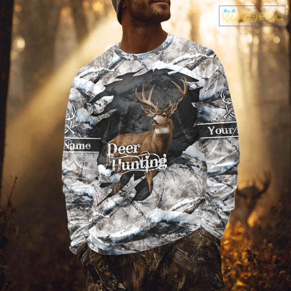 Whitetail Deer Hunting Shirts Custom Name Snow Camo, Deer Season Hunting Clothes For Men NBT273