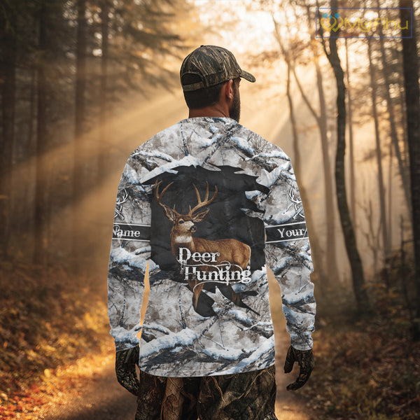 Whitetail Deer Hunting Shirts Custom Name Snow Camo, Deer Season Hunting Clothes For Men NBT273
