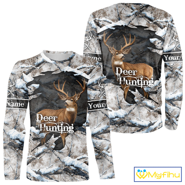 Whitetail Deer Hunting Shirts Custom Name Snow Camo, Deer Season Hunting Clothes For Men NBT273