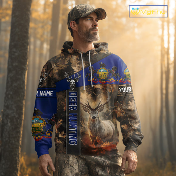 Pennsylvania Flag Deer Hunting Hoodie, Longsleeve Shirt, Brown Camo Custom Name NBT05