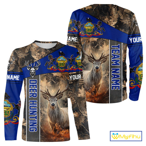 Pennsylvania Flag Deer Hunting Hoodie, Longsleeve Shirt, Brown Camo Custom Name NBT05