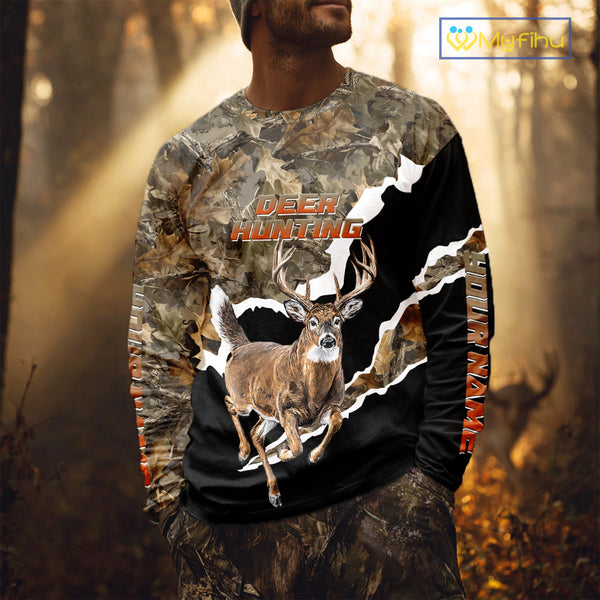 Whitetail Deer Camo Customize Name 3D Printed Long Sleeve Hoodie Hunting Shirts for Men NBT303