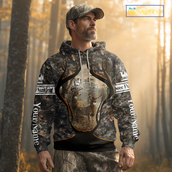 Whitetail Deer Custom Name 3D Printed Long Sleeve Hoodies, Deer Hunting Shirt, Hunting Season NBT304