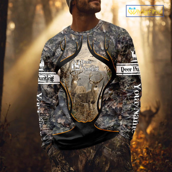 Whitetail Deer Custom Name 3D Printed Long Sleeve Hoodies, Deer Hunting Shirt, Hunting Season NBT304