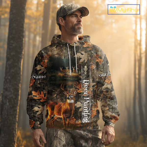 Whitetail Deer Hunting Custom Name Camo Shirt, Hunting Hoodie Camouflage Deer Shirts NBT333