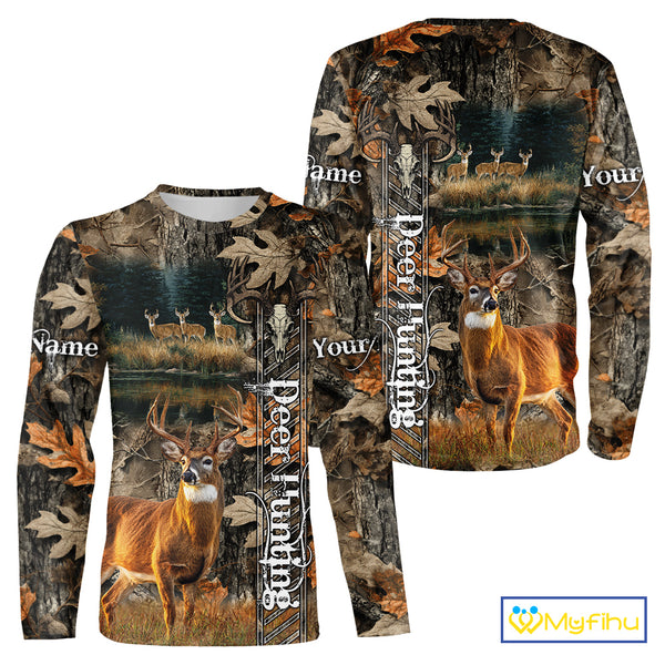 Whitetail Deer Hunting Custom Name Camo Shirt, Hunting Hoodie Camouflage Deer Shirts NBT333