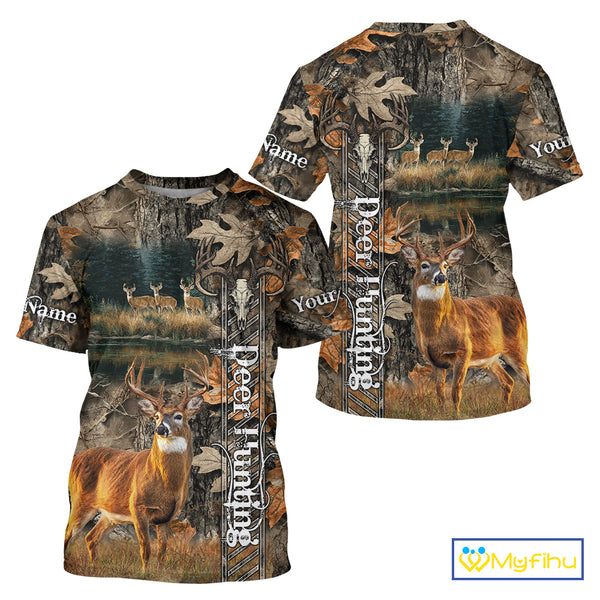 Whitetail Deer Hunting Custom Name Camo Shirt, Hunting Hoodie Camouflage Deer Shirts NBT333