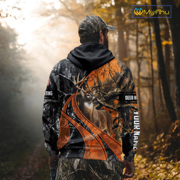 Whitetail Deer Hunting Orange and Black Camo Shirts with US Flag, Personalized Hunting Shirt NBT68