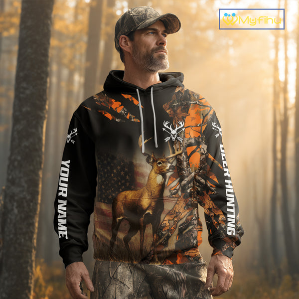 Deer Hunting Shirt Orange Forest Camo US Flag Custom Name Hoodie, Long Sleeve For Men NBT256