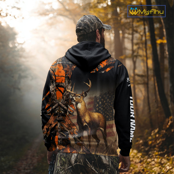 Deer Hunting Shirt Orange Forest Camo US Flag Custom Name Hoodie, Long Sleeve For Men NBT256