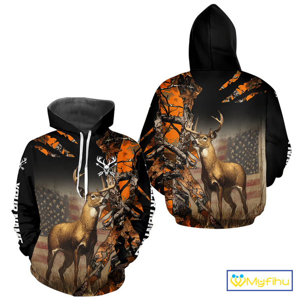 Deer Hunting Shirt Orange Forest Camo US Flag Custom Name Hoodie, Long Sleeve For Men NBT256