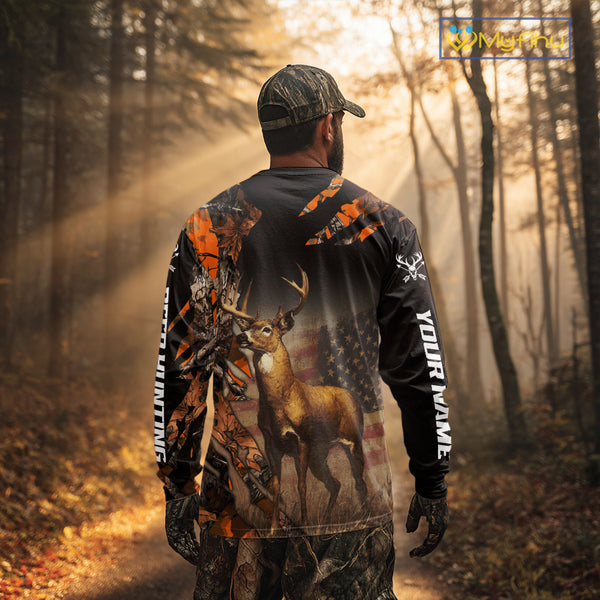 Deer Hunting Shirt Orange Forest Camo US Flag Custom Name Hoodie, Long Sleeve For Men NBT256