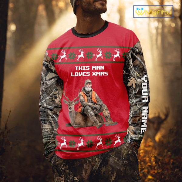The Season Gifts For Deer Hunting Lovers Hunters Personalized Photo Ugly Hunting Christmas Shirt NBT300