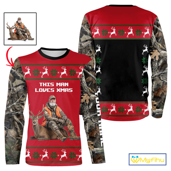 The Season Gifts For Deer Hunting Lovers Hunters Personalized Photo Ugly Hunting Christmas Shirt NBT300