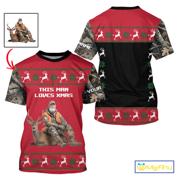 The Season Gifts For Deer Hunting Lovers Hunters Personalized Photo Ugly Hunting Christmas Shirt NBT300
