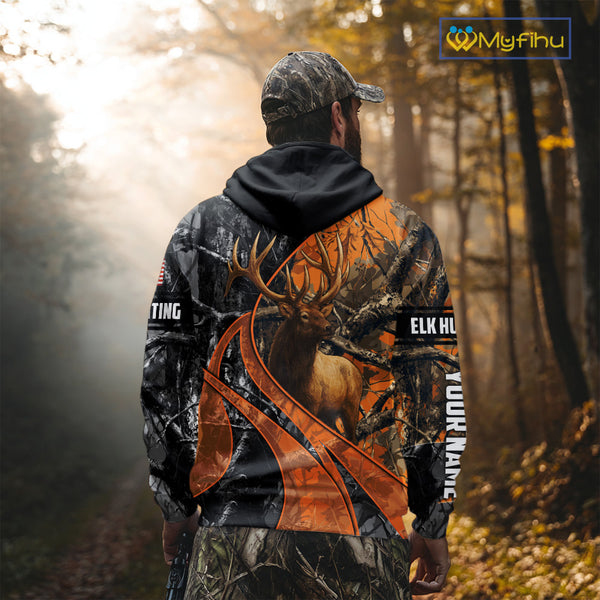 Elk Hunting Orange and Black Camo Shirts with US Flag, Personalized Hunting Shirt NBT100