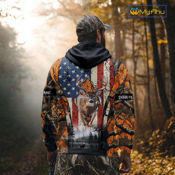 Whitetail Deer Hunting Big Game US Flag Custom Name Orange Camo Shirts, Personalized Deer Hunting Clothing NBT265