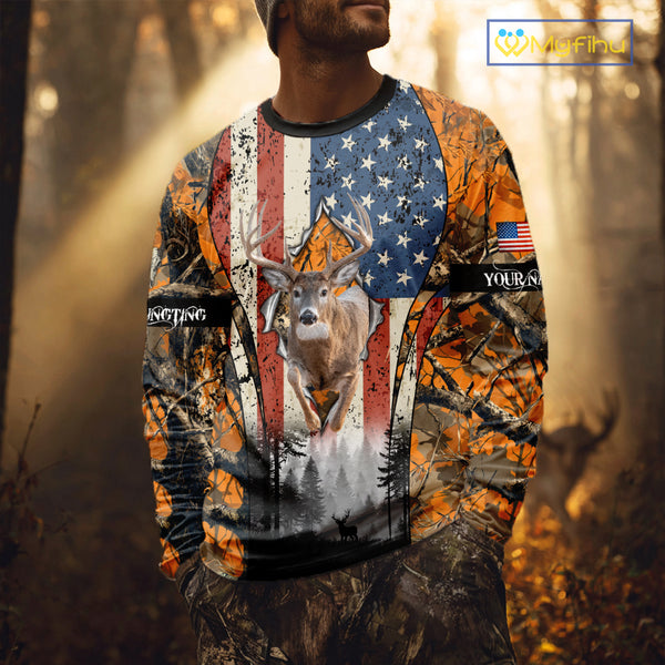 Whitetail Deer Hunting Big Game US Flag Custom Name Orange Camo Shirts, Personalized Deer Hunting Clothing NBT265
